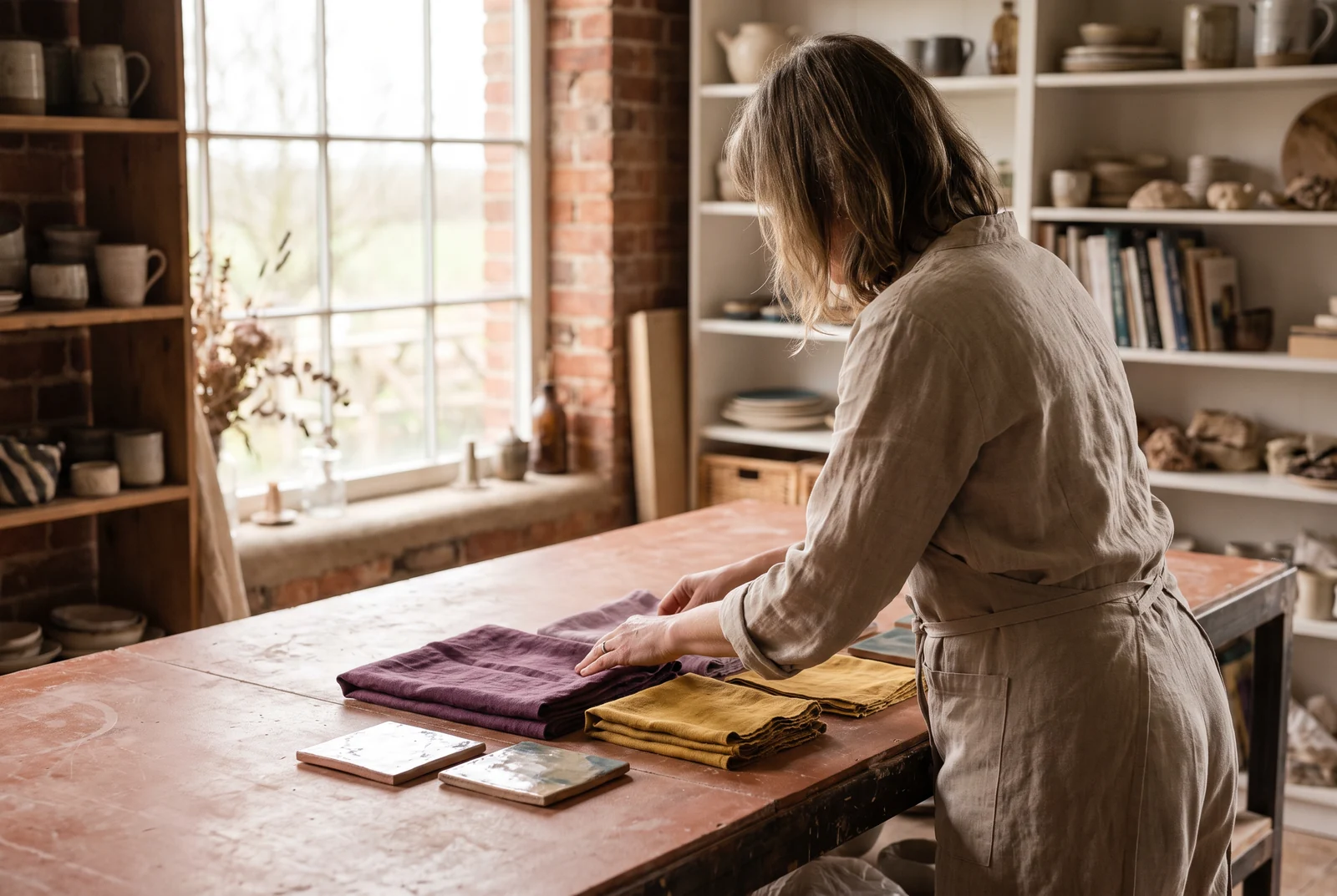 Persoon die in een warm atelier textielstalen op een werktafel ordent