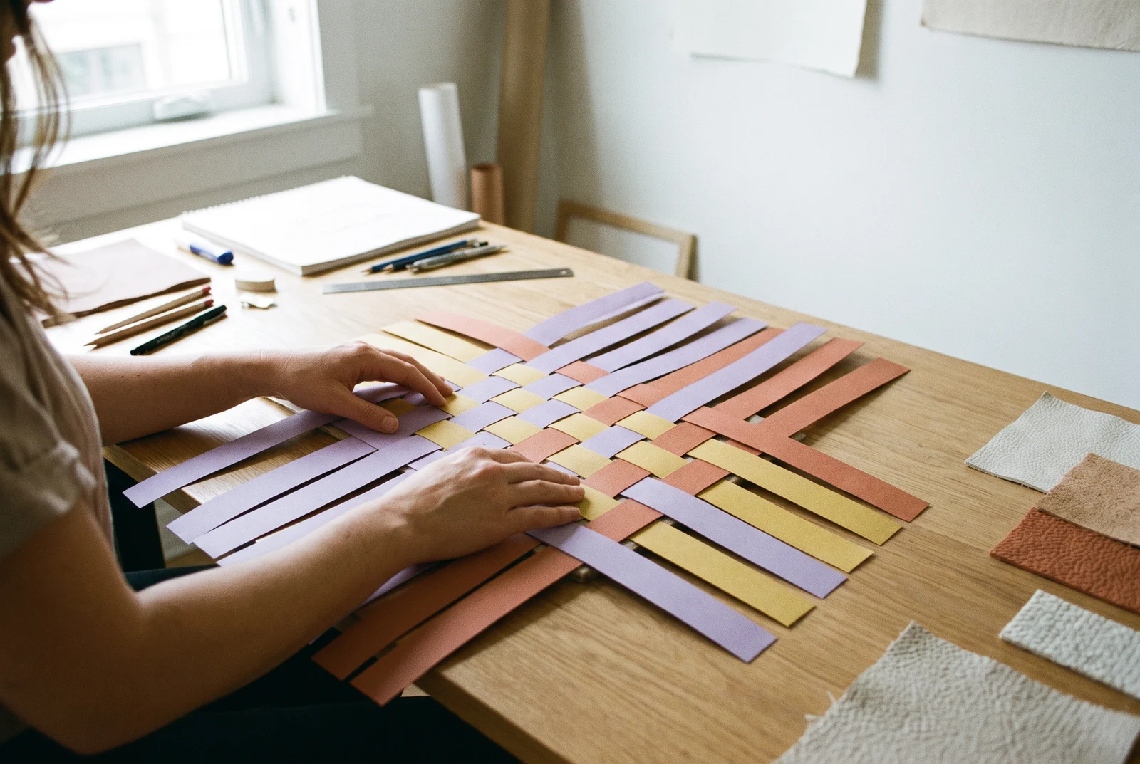 Handen die smalle stroken gekleurd papier op een werktafel rangschikken